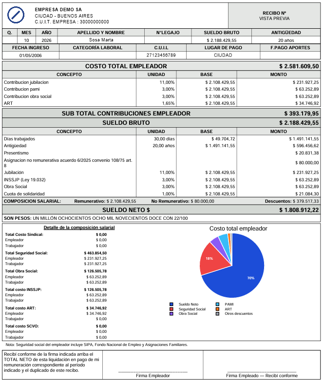 Recibo de sueldo de NextIT RRHH con detalle de contribuciones y haberes